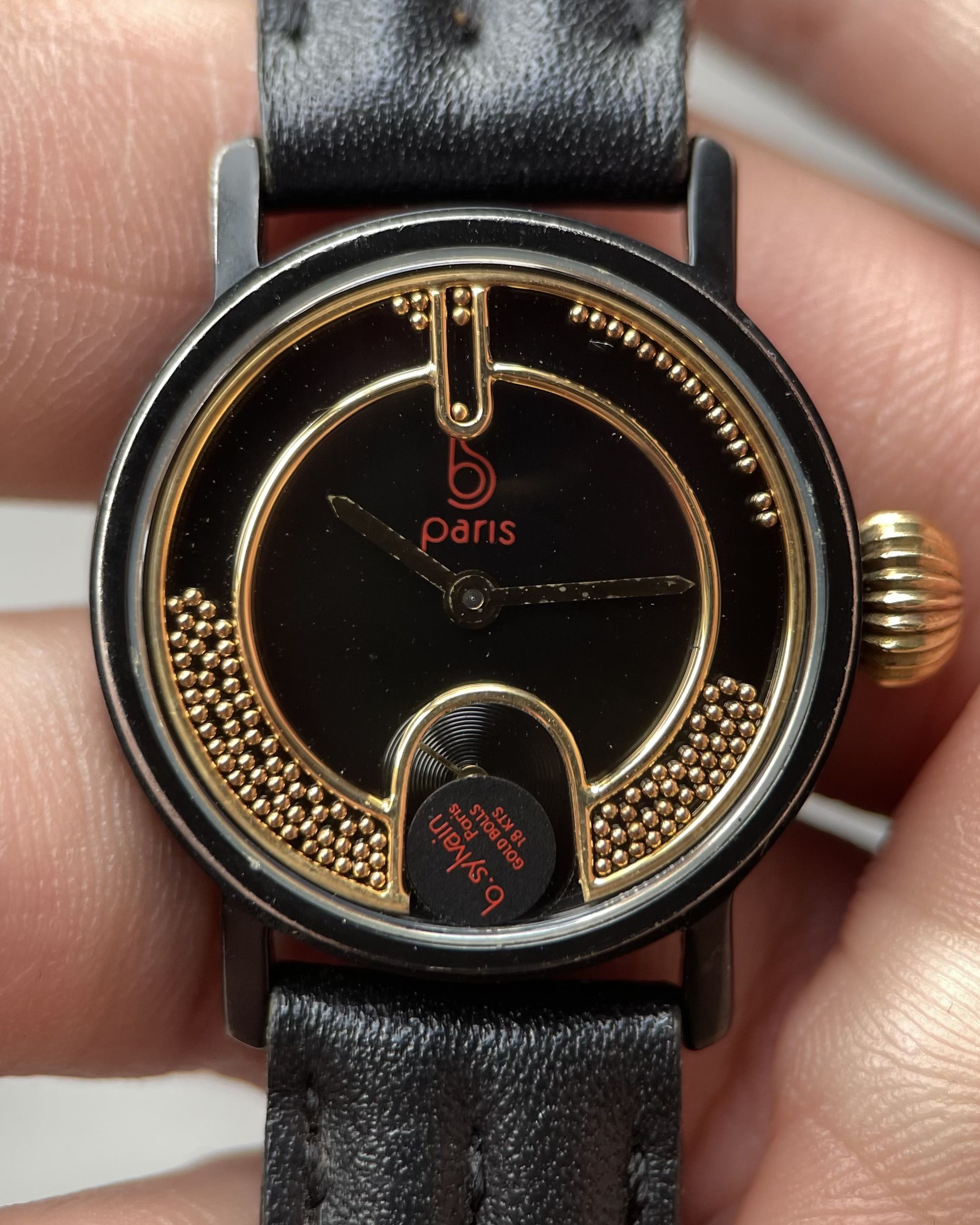 B SYLVAIN PARIS BLACK GOLD BEADED DIAL VINTAGE QUARTZ WATCH