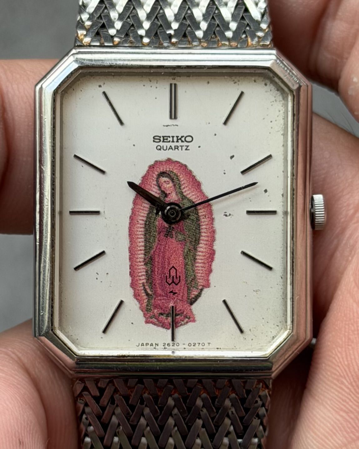 SEIKO MESH STRAP OUR LADY OF GUADALUPE VINTAGE QUARTZ WATCH 